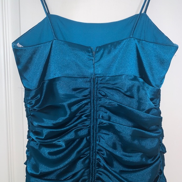 Teal Satin Rouched Mini Dress 2 - Picture 4 of 7